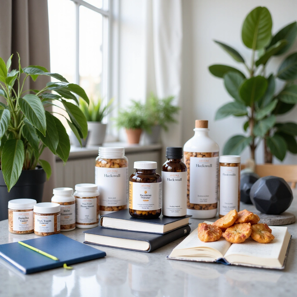 Healthy lifestyle products including supplements and wellness items